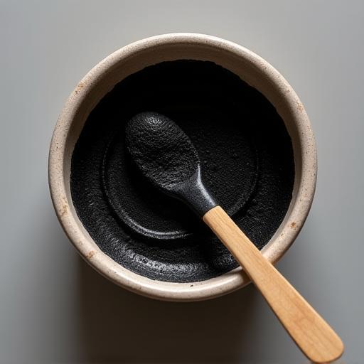Dark black activated charcoal mask in a small ceramic bowl
