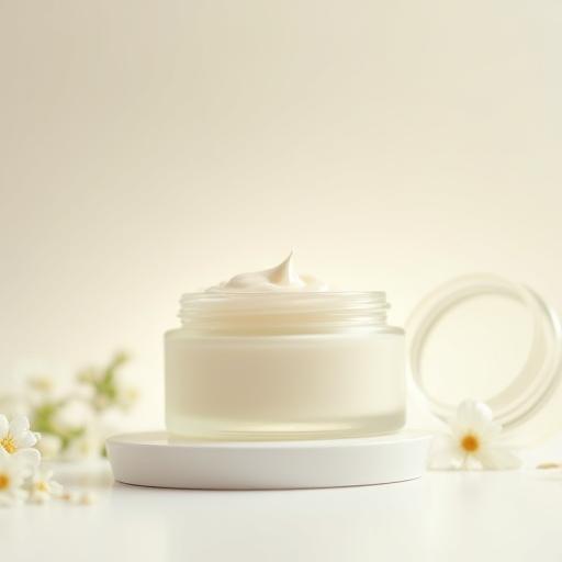 Glass jar of nourishing face cream with a creamy texture visible
