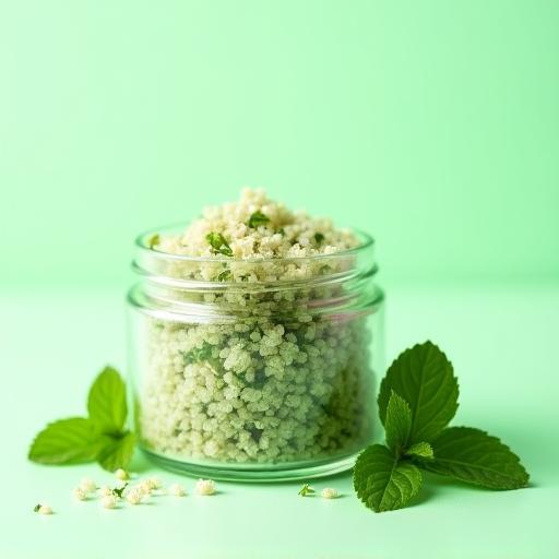Glass jar filled with a granular mint foot scrub