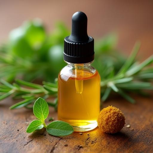 Small glass bottle of herbal hair oil surrounded by fresh herbs