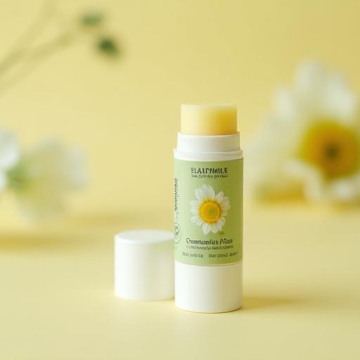 Natural lip balm stick with packaging featuring chamomile flowers