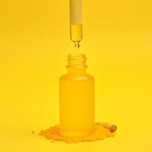 Small glass dropper bottle containing yellowish turmeric brightening serum