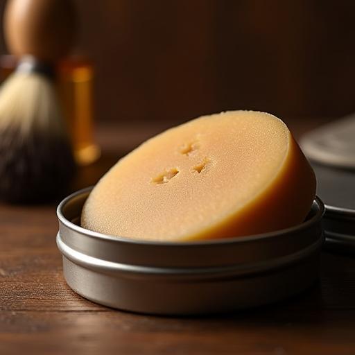 Metal tin containing rich sandalwood scented shaving soap