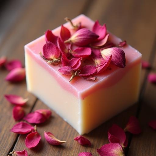 Handmade soap bar decorated with dried rose petals on a wooden surface